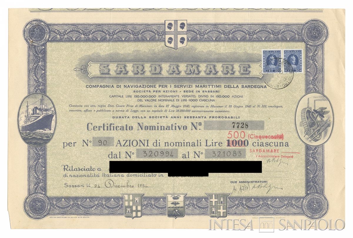 Sardamare SpA, certificati azionari nominativi - recto a