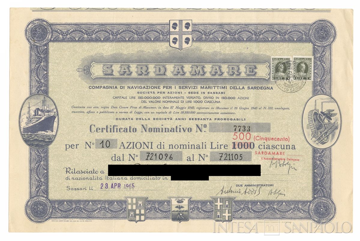 Sardamare SpA, certificati azionari nominativi - recto b