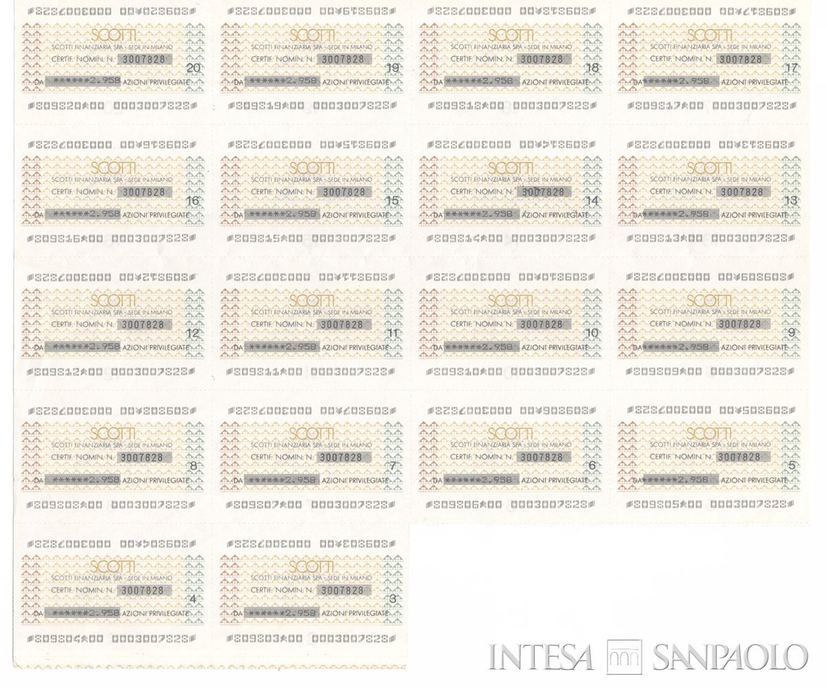 Scotti Finanziaria SpA, certificati azionari nominativi - recto a