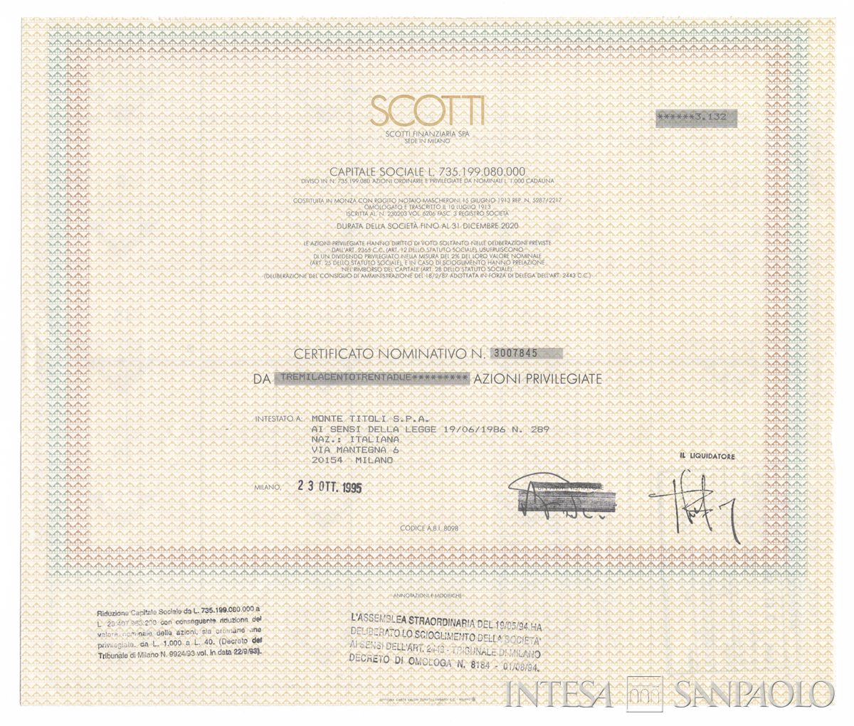 Scotti Finanziaria SpA, certificati azionari nominativi - recto b