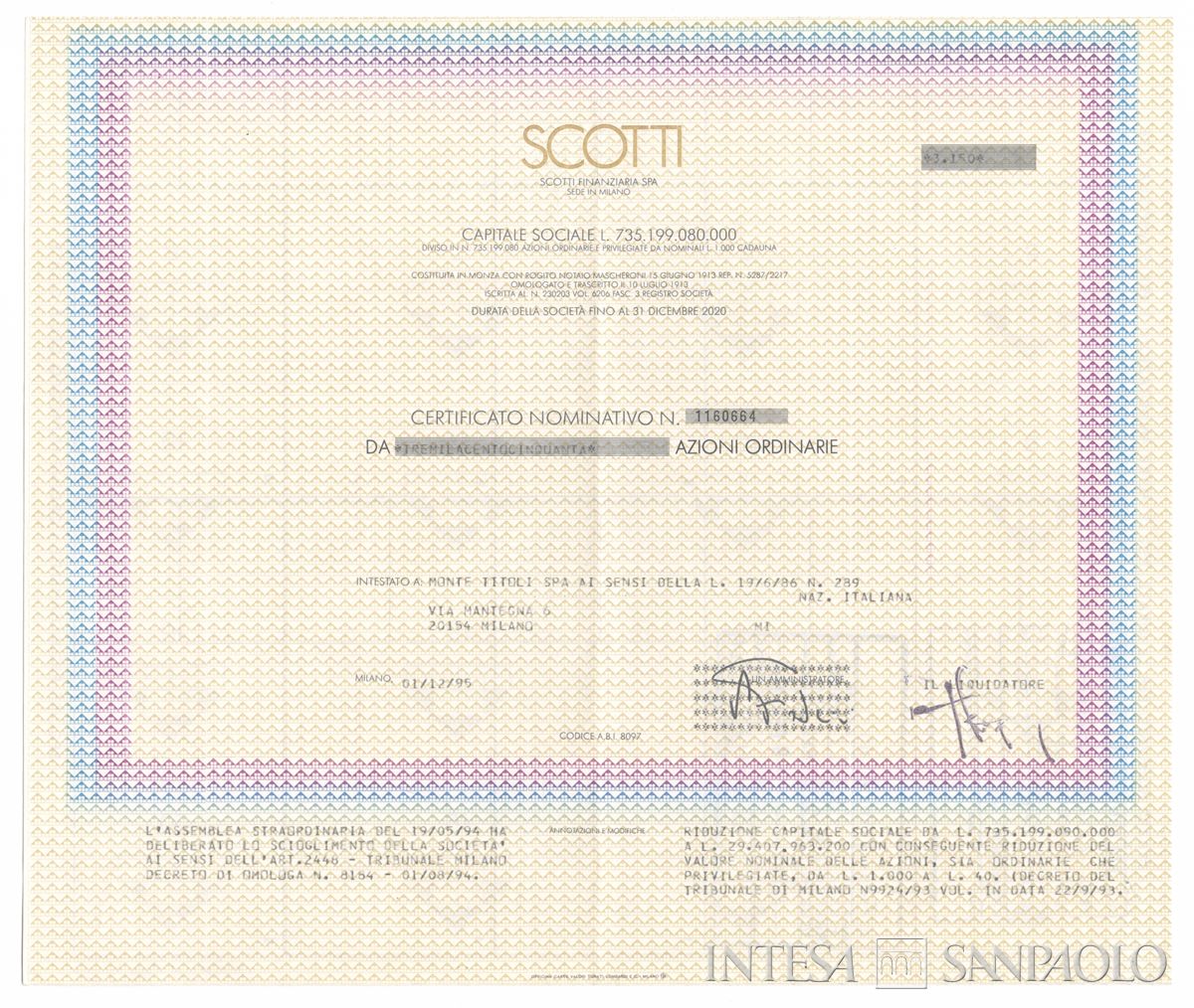 Scotti Finanziaria SpA, certificati azionari nominativi - recto c