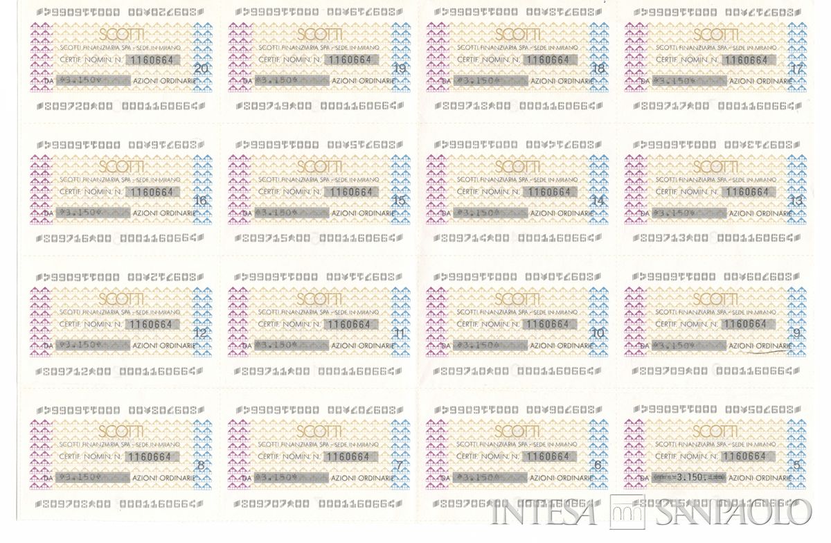 Scotti Finanziaria SpA, certificati azionari nominativi - recto c