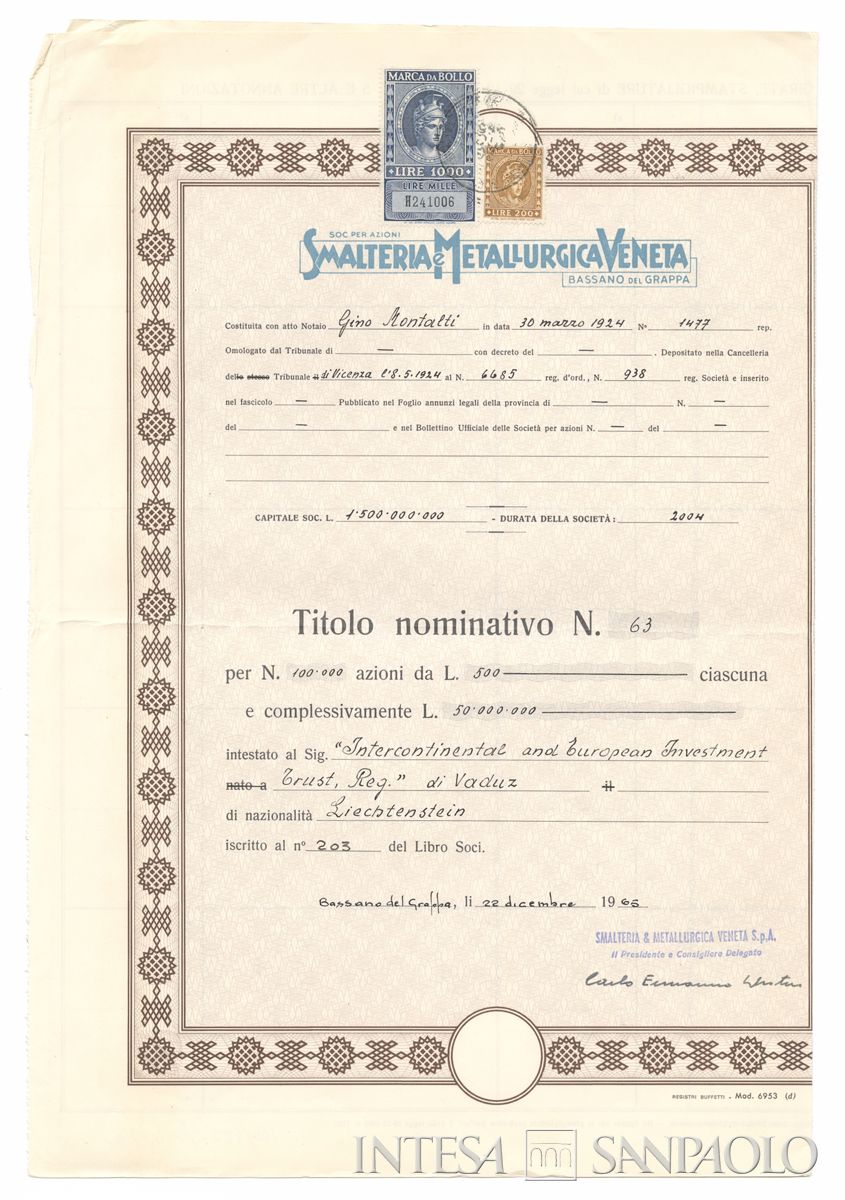 Smalteria e Metallurgica Veneta SpA, certificati azionari nominativi - recto a