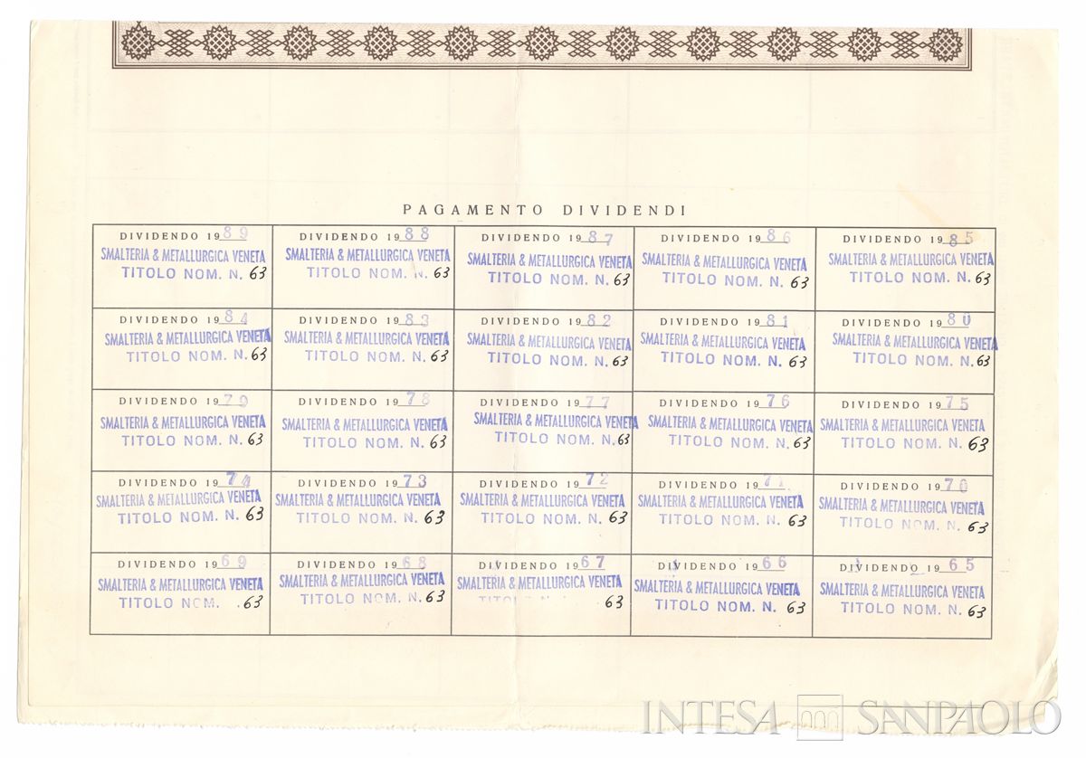 Smalteria e Metallurgica Veneta SpA, certificati azionari nominativi - recto a