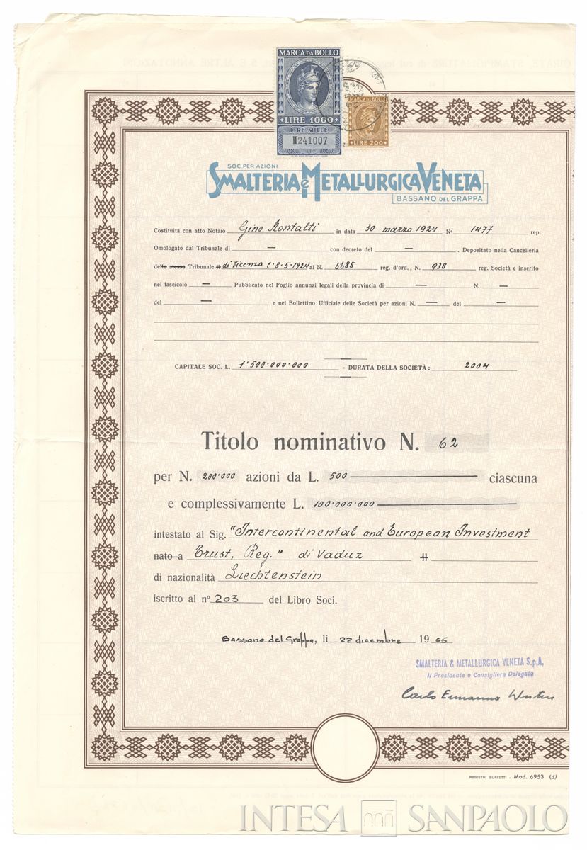 Smalteria e Metallurgica Veneta SpA, certificati azionari nominativi - recto b