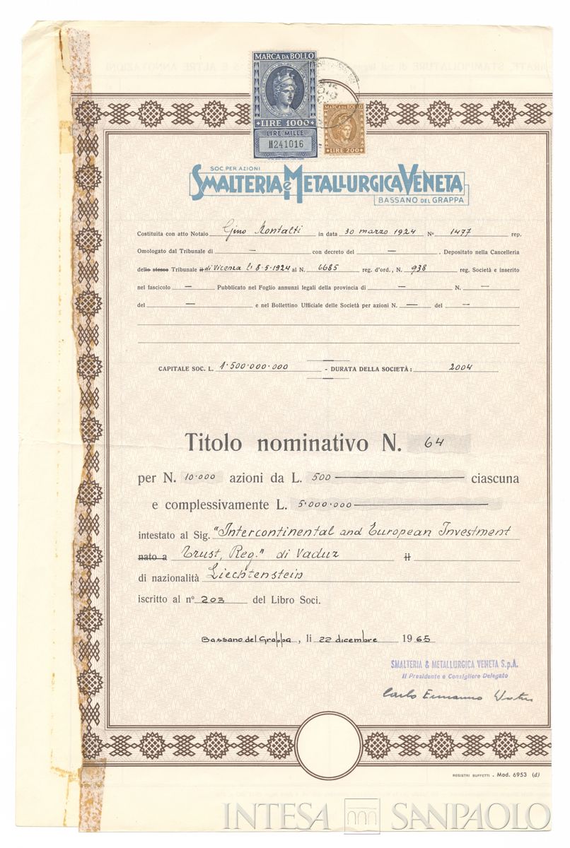 Smalteria e Metallurgica Veneta SpA, certificati azionari nominativi - recto c