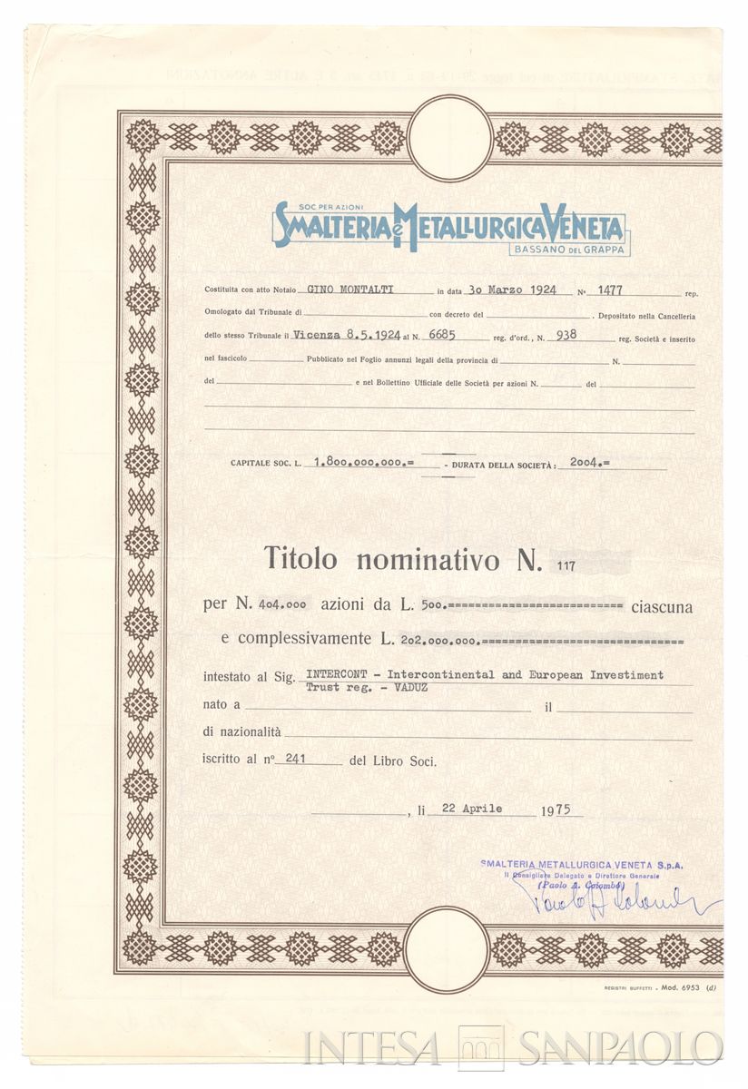 Smalteria e Metallurgica Veneta SpA, certificati azionari nominativi - recto d