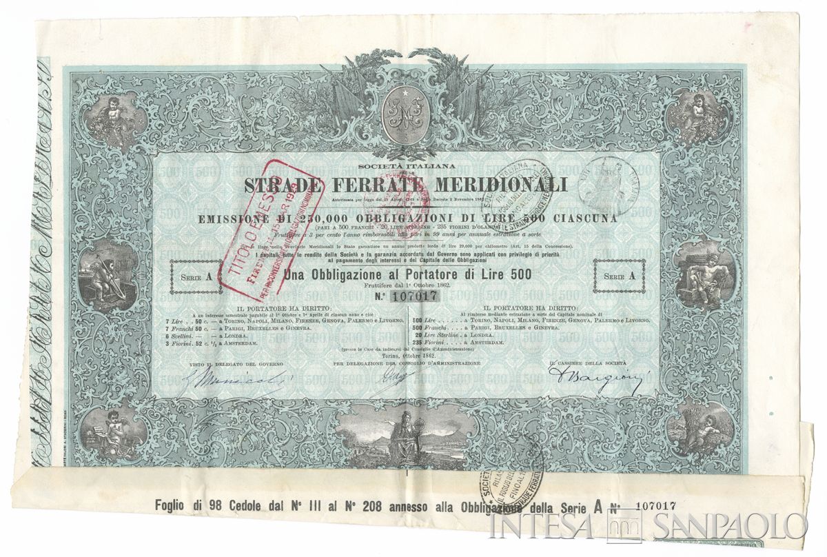 Strade Ferrate Meridionali Società italiana, certificato obbligazionario al portatore - recto