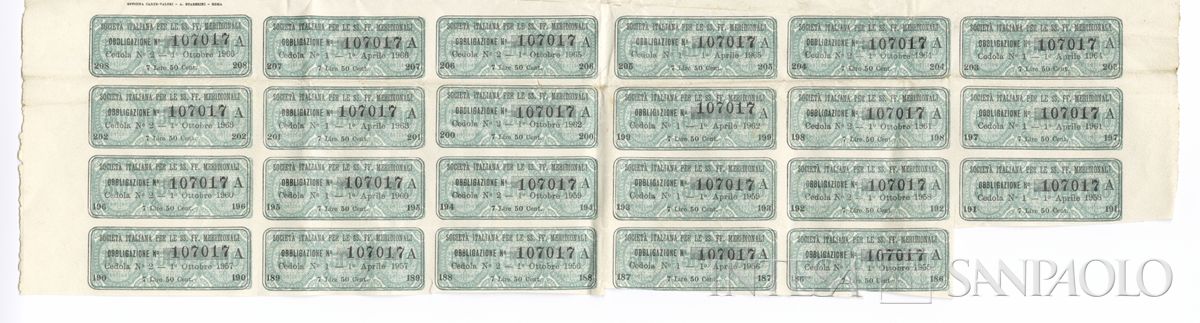 Strade Ferrate Meridionali Società italiana, certificato obbligazionario al portatore - recto