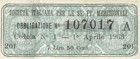 Strade Ferrate Meridionali Società italiana, certificato obbligazionario al portatore - dettaglio