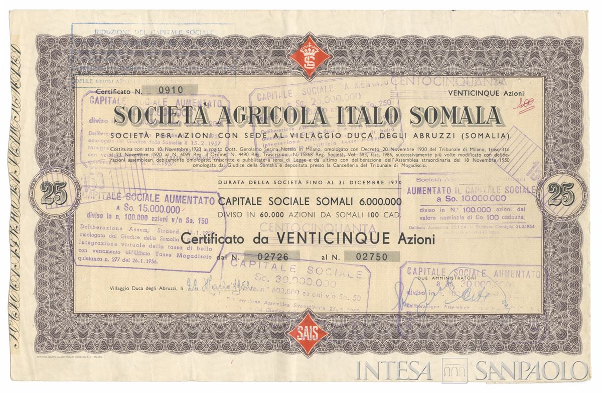Agricola Italo-Somala SpA - SAIS, certificato azionario nominativo - recto