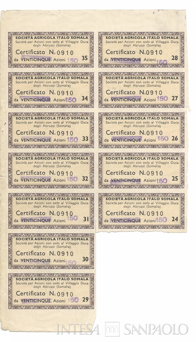 Agricola Italo-Somala SpA - SAIS, certificato azionario nominativo - recto