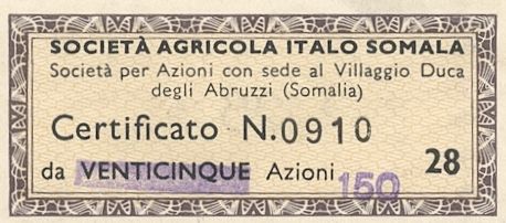 Agricola Italo-Somala SpA - SAIS, certificato azionario nominativo - dettaglio