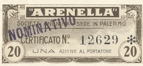 Arenella - Società italiana per l'industria dell'acido citrico ed affini SA, certificati azionari nominativi - dettaglio a