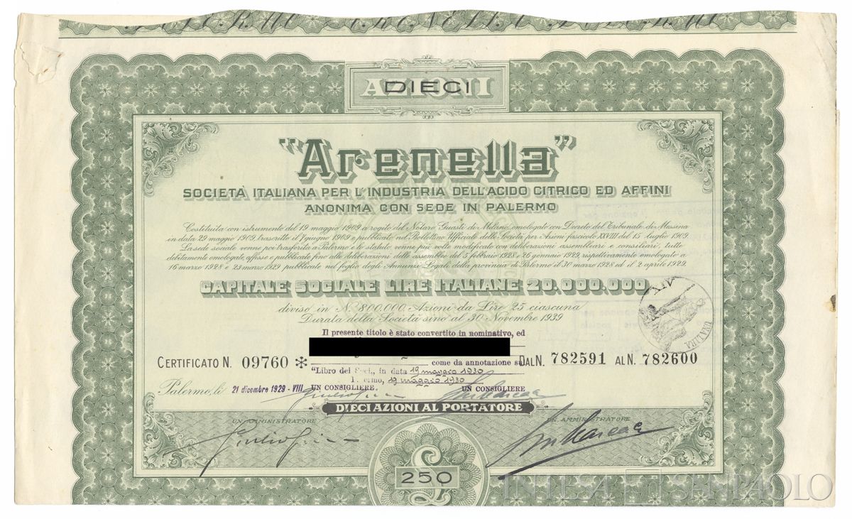Arenella - Società italiana per l'industria dell'acido citrico ed affini SA, certificati azionari nominativi - recto b