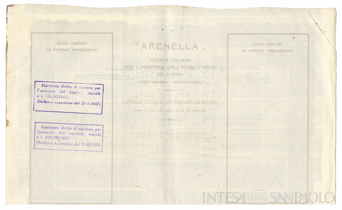 Arenella - Società italiana per l'industria dell'acido citrico ed affini SA, certificati azionari nominativi - verso a
