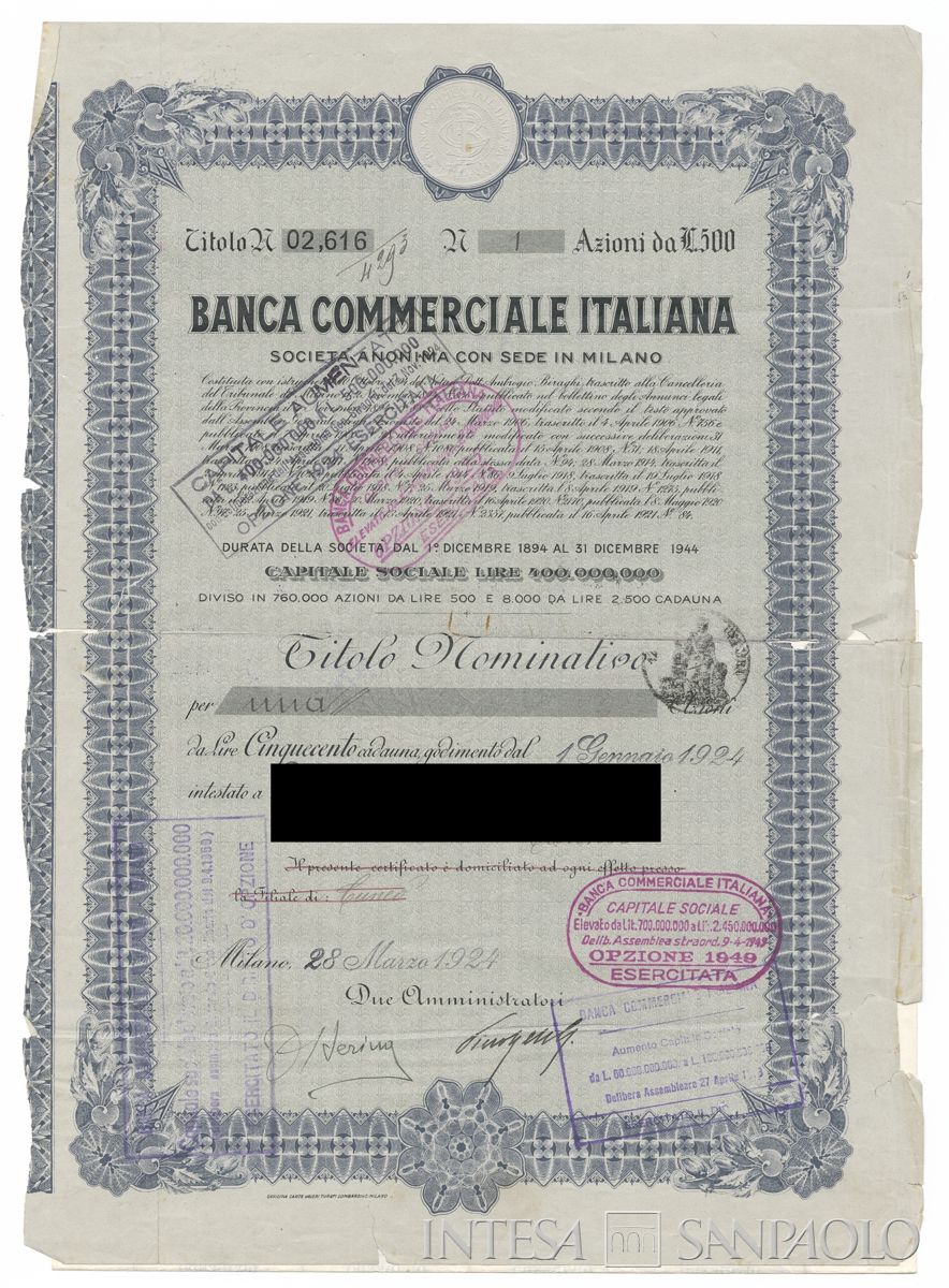 Banca Commerciale Italiana, certificati azionari nominativi - recto a