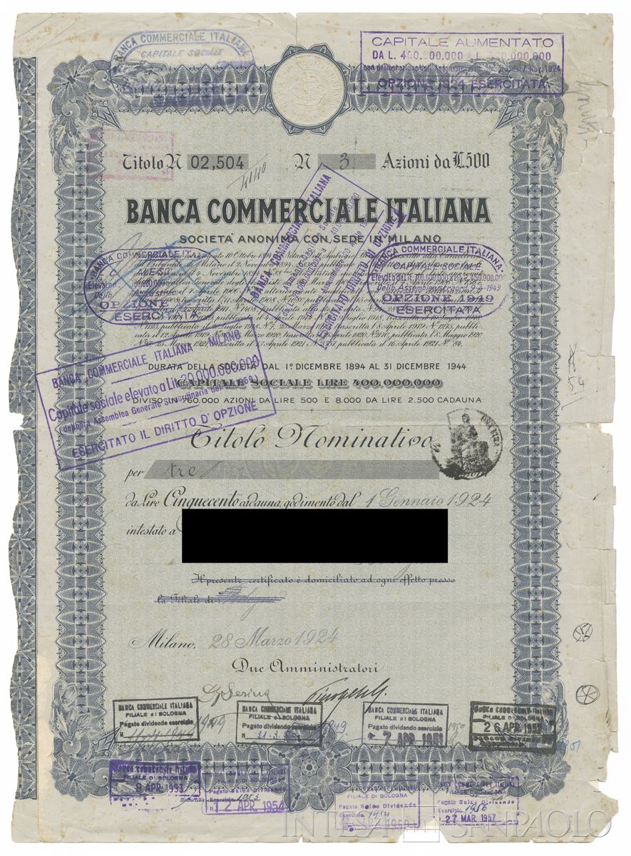 Banca Commerciale Italiana, certificati azionari nominativi - recto b