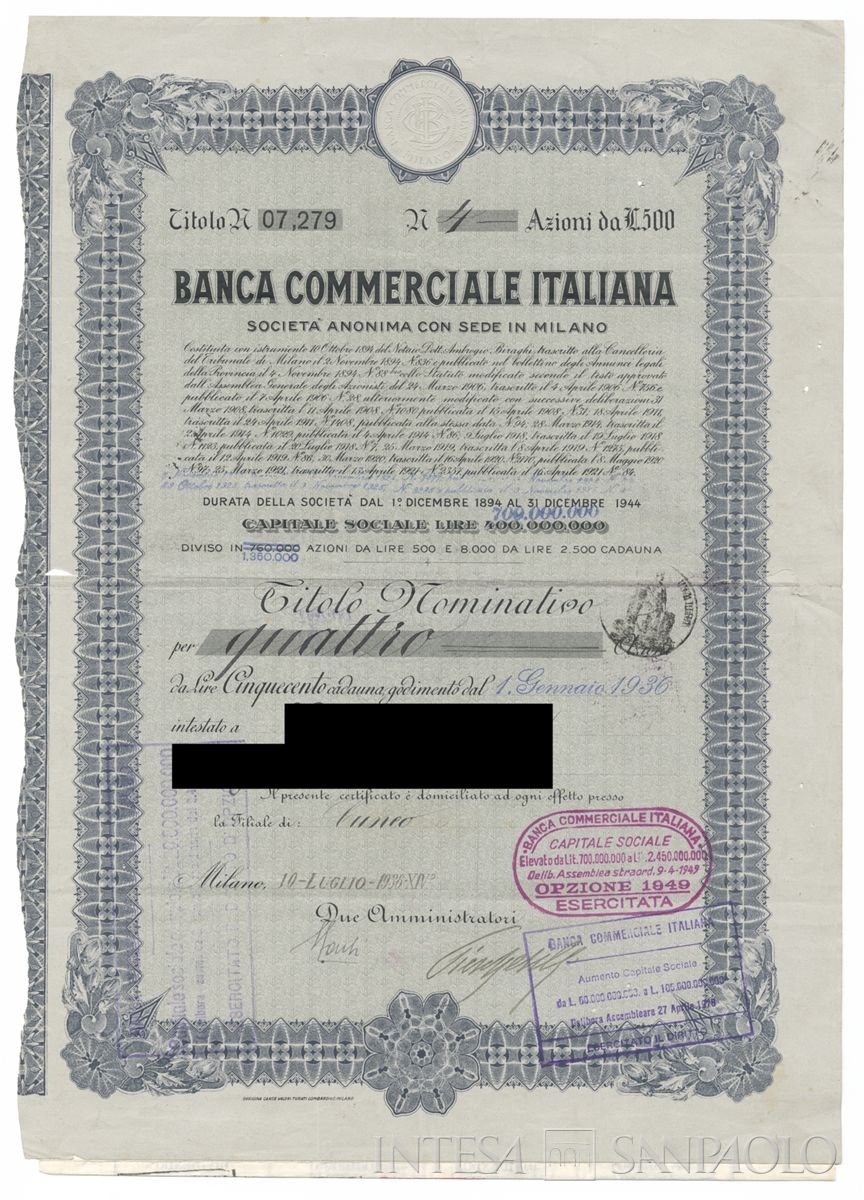 Banca Commerciale Italiana, certificati azionari nominativi - recto c