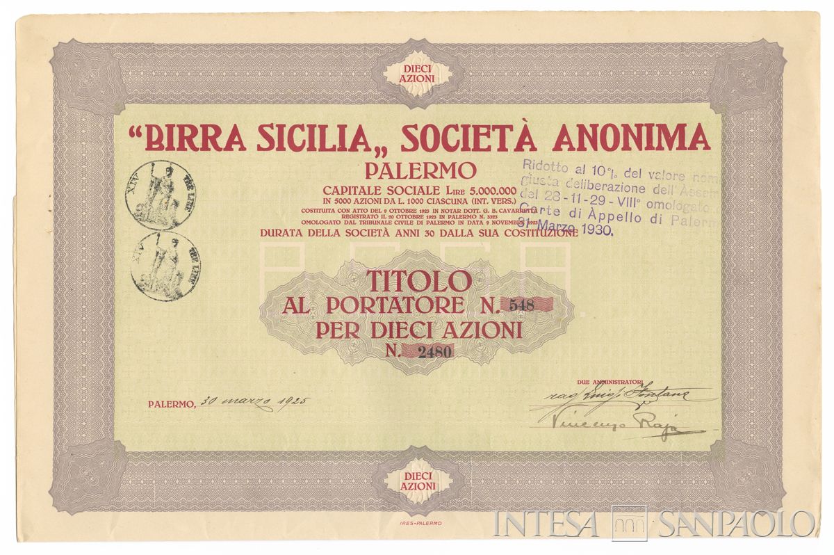 Birra Sicilia SA, certificati azionari al portatore - recto a