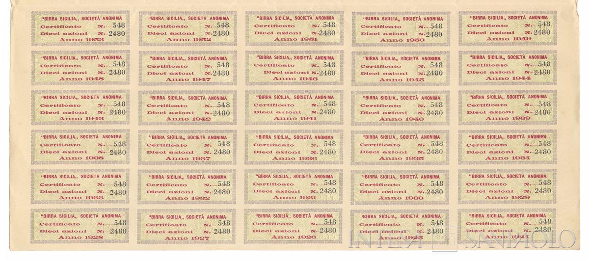 Birra Sicilia SA, certificati azionari al portatore - recto a