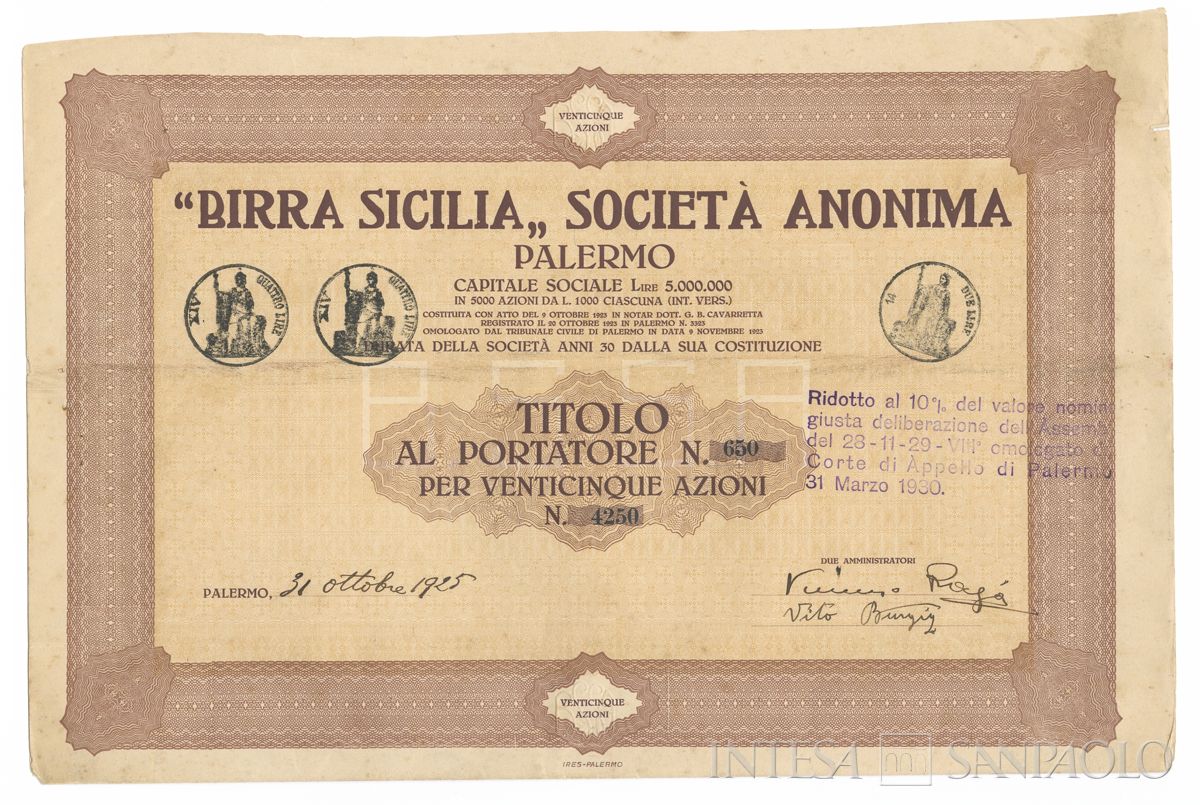 Birra Sicilia SA, certificati azionari al portatore - recto b