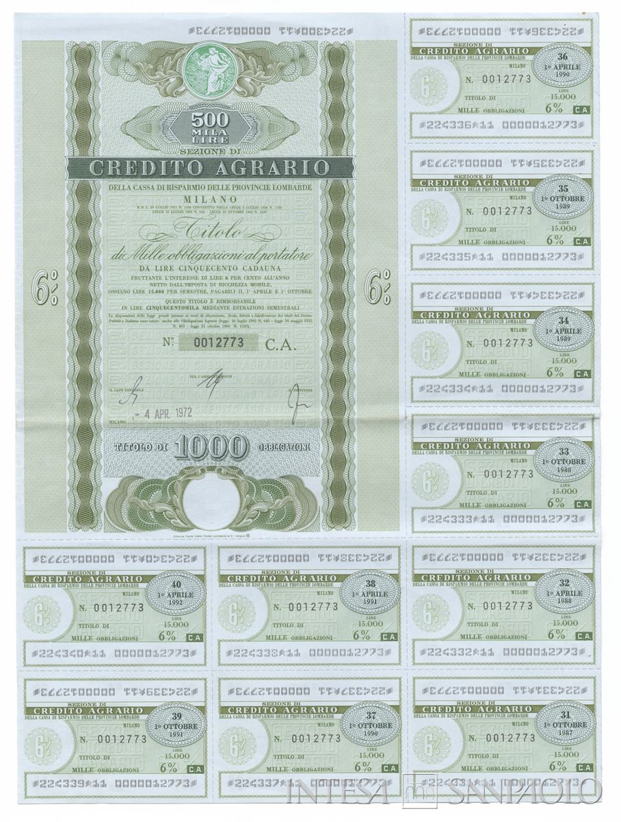 Credito Agrario della Cariplo, cartella al portatore - recto