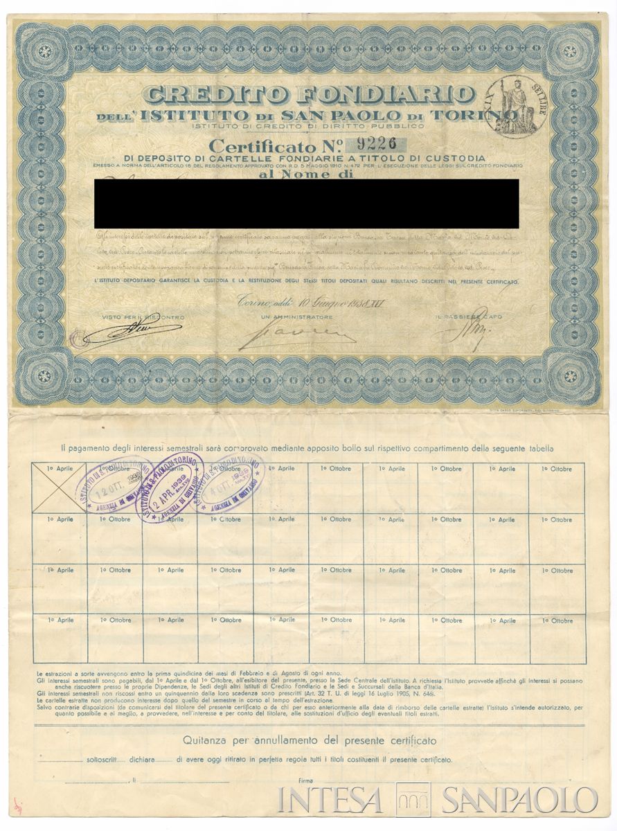 Credito Fondiario dell'Istituto San Paolo di Torino, certificato obbligazionario nominativo - recto