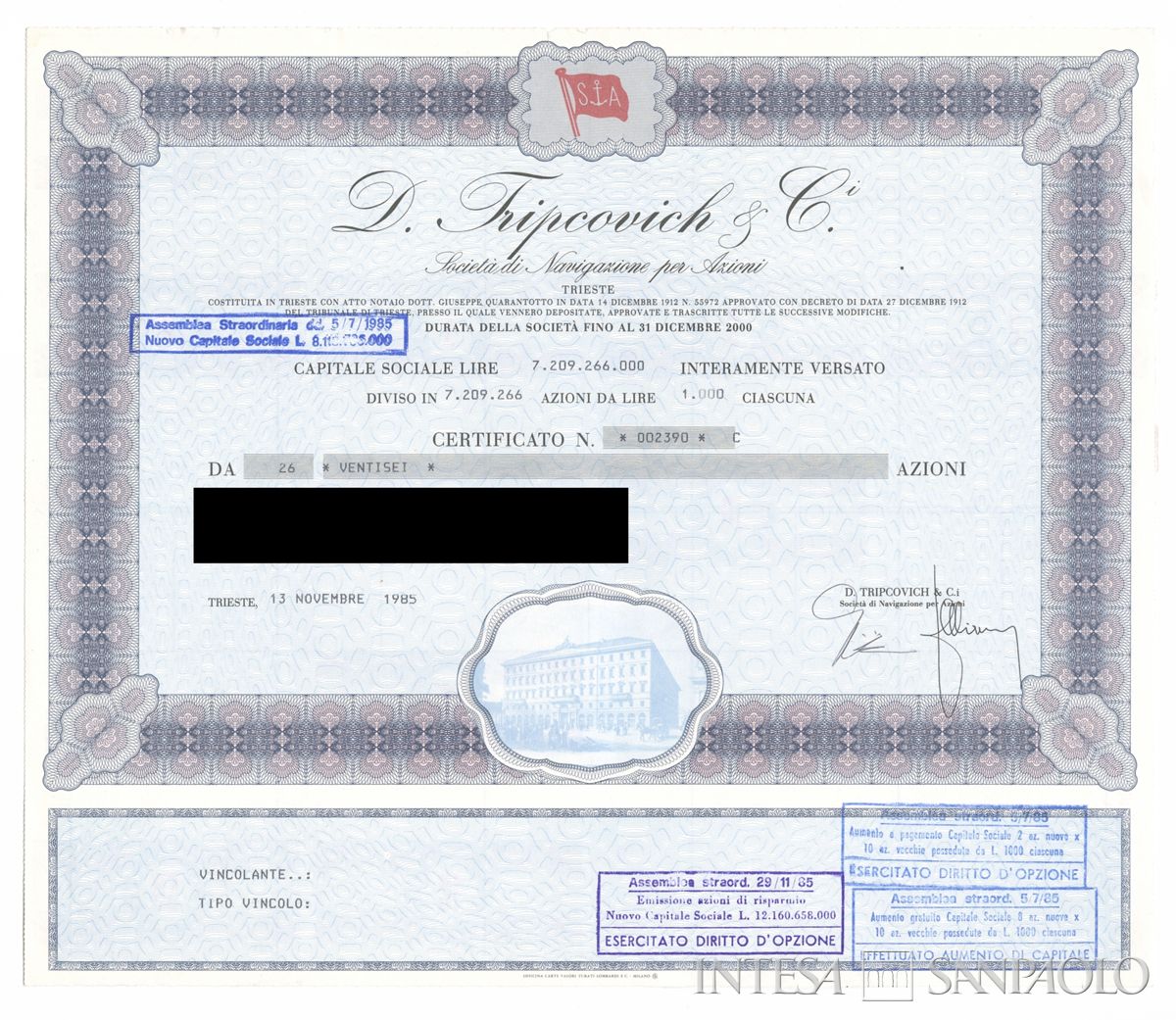 D. Tripovich & Ci. di Navigazione SpA, certificati azionari nominativi - recto a