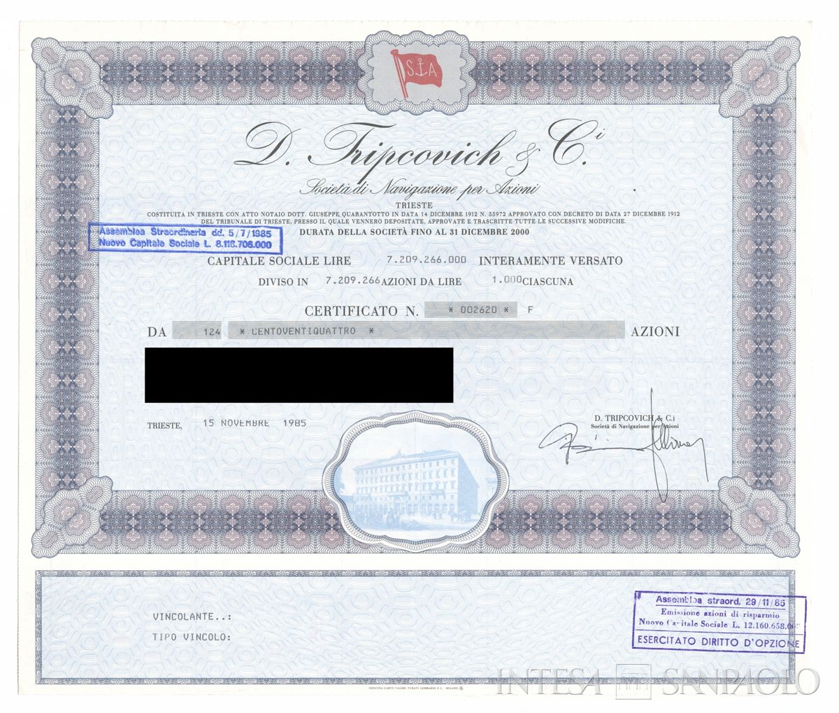 D. Tripovich & Ci. di Navigazione SpA, certificati azionari nominativi - recto b