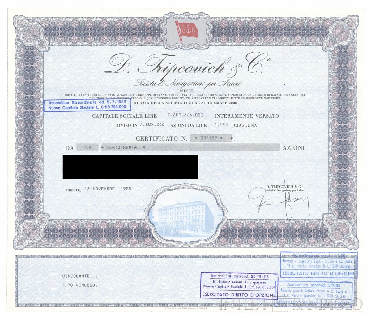 D. Tripovich & Ci. di Navigazione SpA, certificati azionari nominativi - recto c