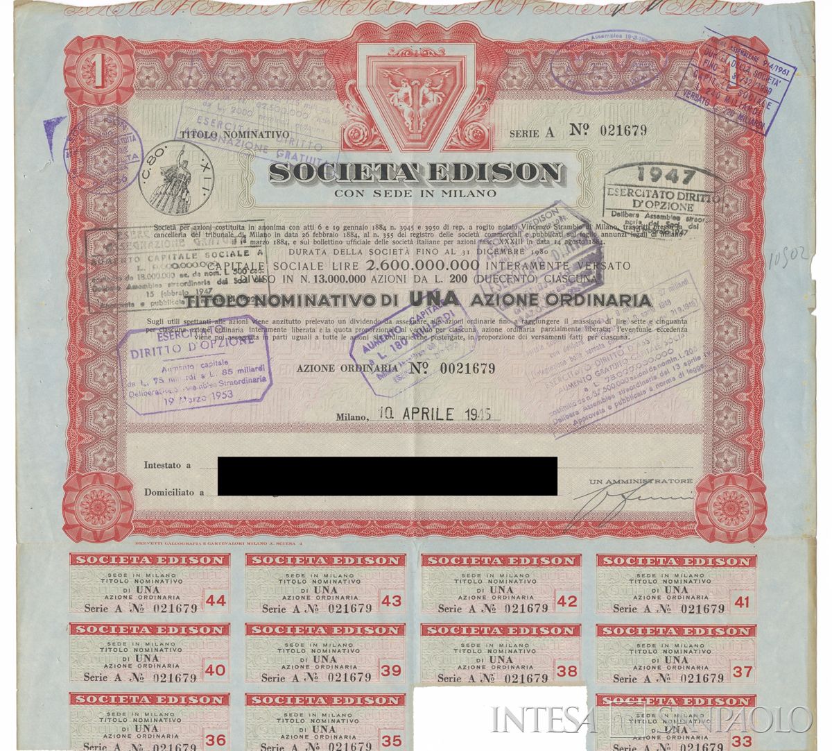 Edison SpA, certificati azionari nominativi - recto a