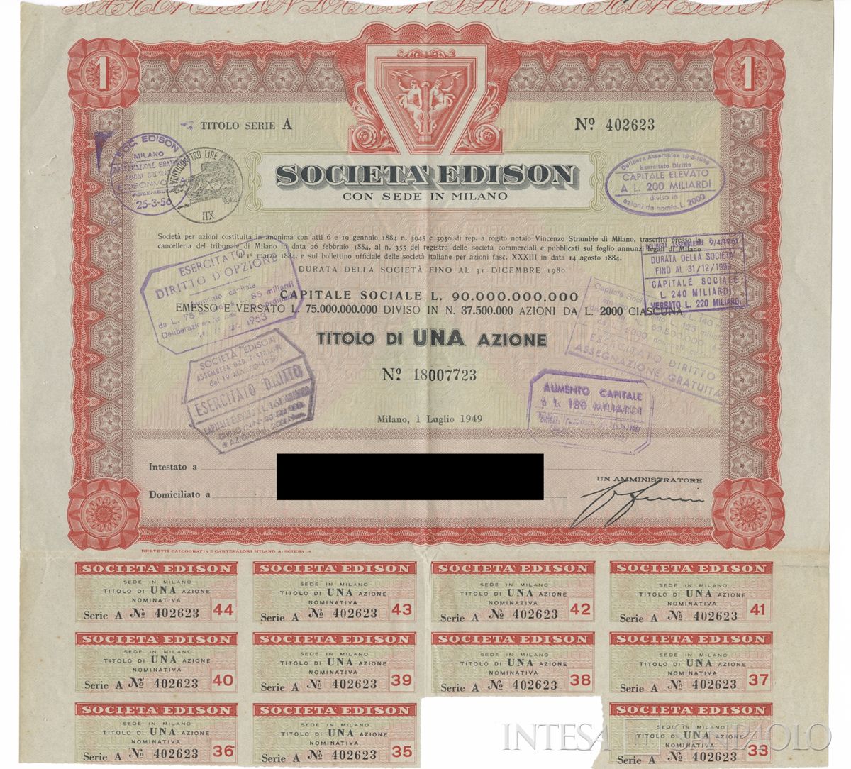 Edison SpA, certificati azionari nominativi - recto b