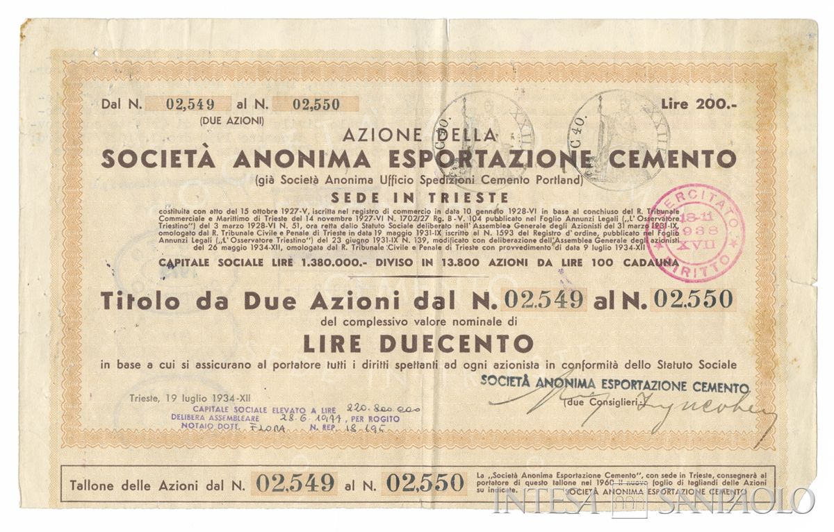 Esportazione cemento SA, certificati azionari al portatore - recto a