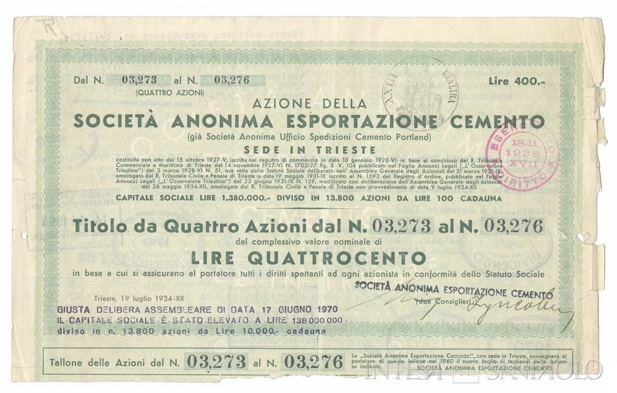 Esportazione cemento SA, certificati azionari al portatore - recto b