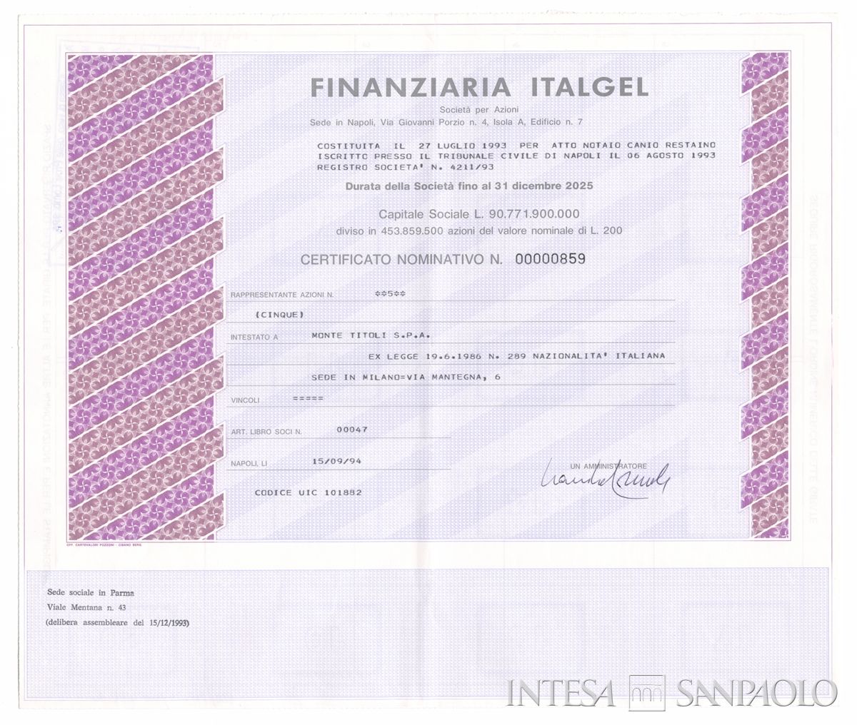 Finanziaria Italgel SpA, certificati azionari nominativi - recto a