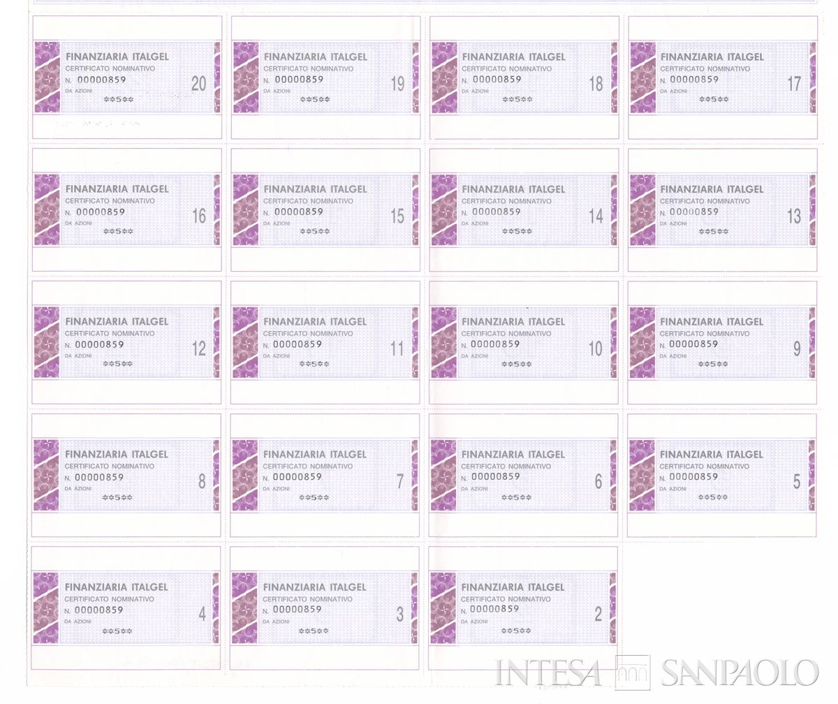Finanziaria Italgel SpA, certificati azionari nominativi - recto a