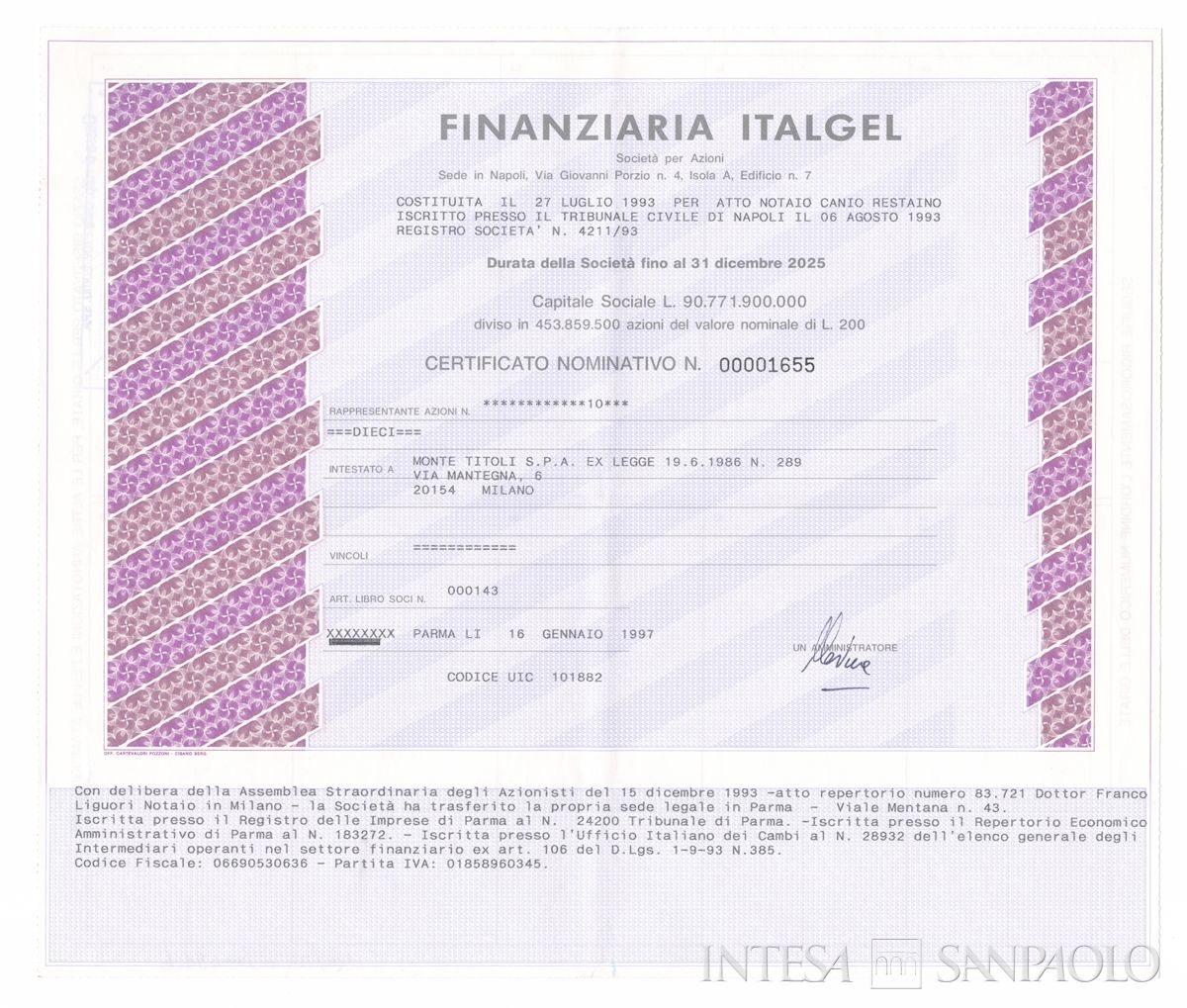 Finanziaria Italgel SpA, certificati azionari nominativi - recto b