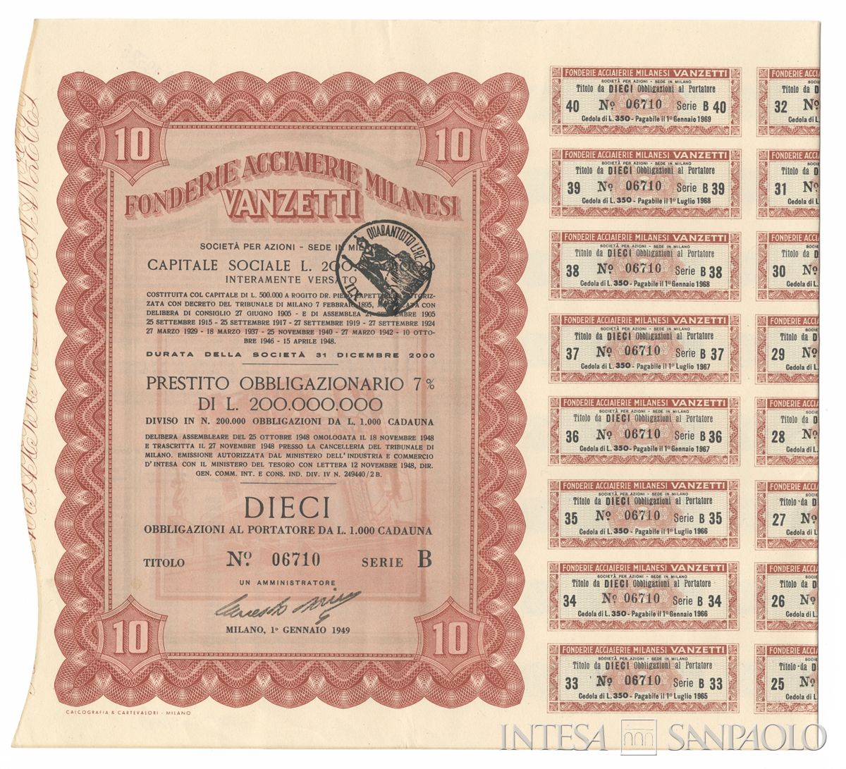 Fonderie acciaierie milanesi Vanzetti SpA, certificato obbligazionario al portatore - recto a