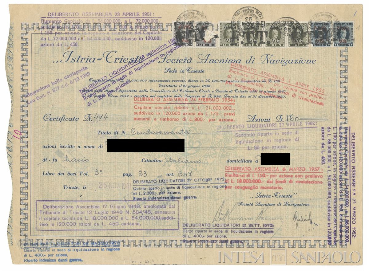 Istria-Trieste Società di navigazione SA, certificati azionari nominativi - recto a