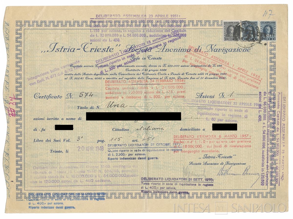 Istria-Trieste Società di navigazione SA, certificati azionari nominativi - recto b