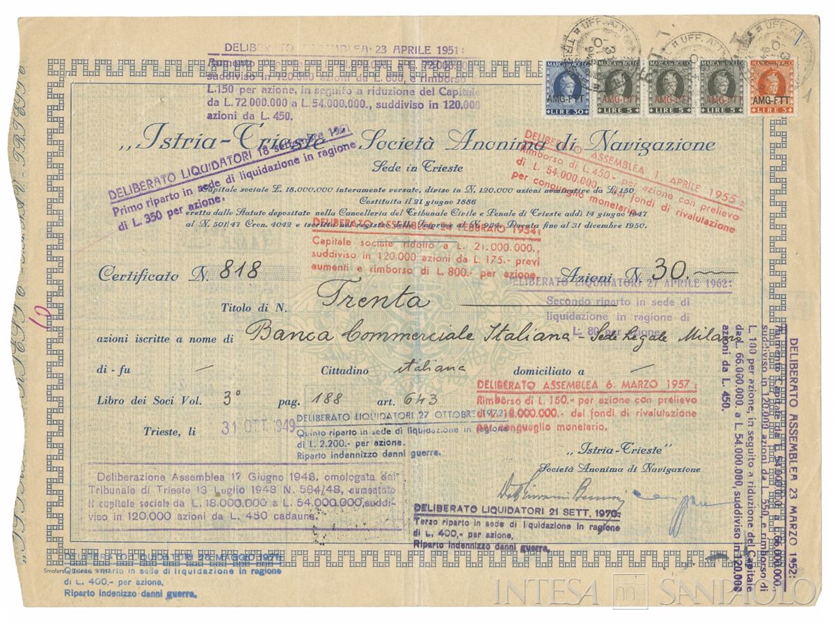 Istria-Trieste Società di navigazione SA, certificati azionari nominativi - recto c