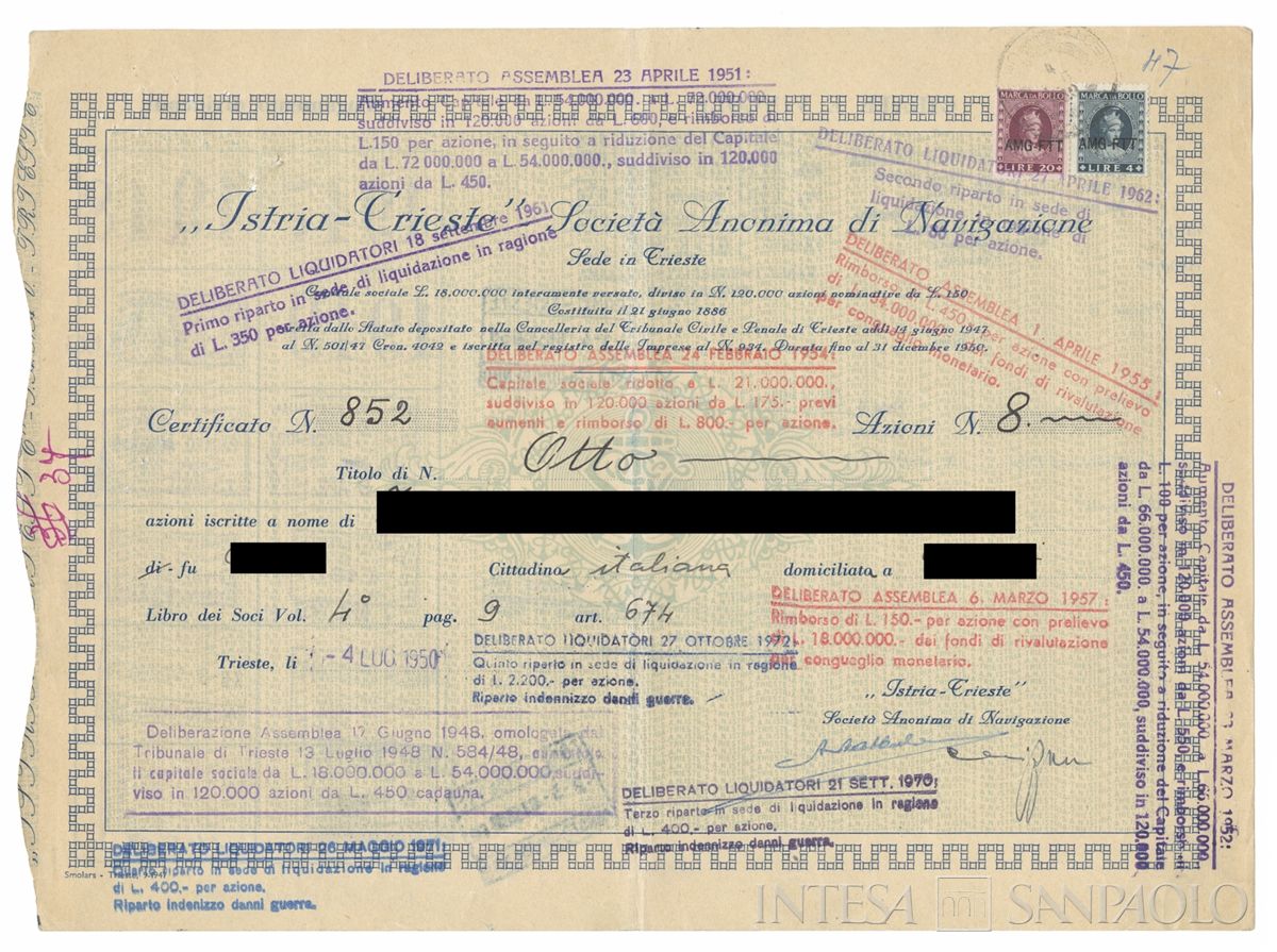 Istria-Trieste Società di navigazione SA, certificati azionari nominativi - recto d