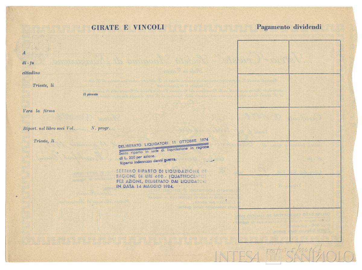 Istria-Trieste Società di navigazione SA,  certificati azionari nominativi - verso b