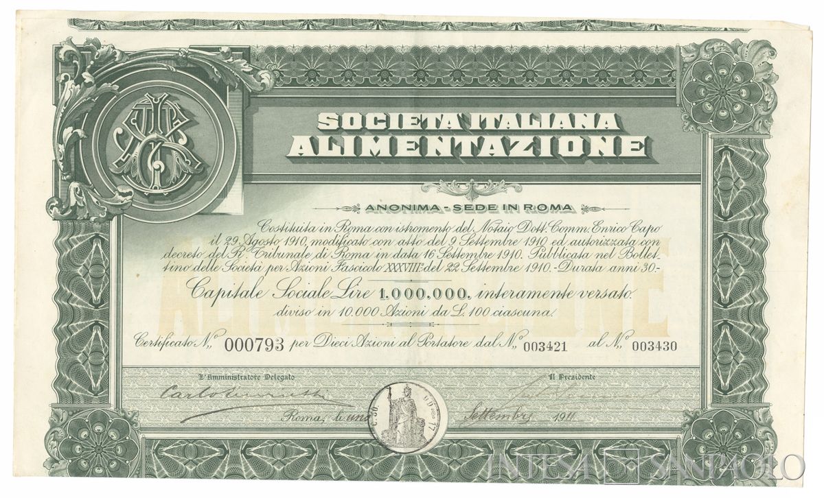 Italiana Alimentazione SA, certificato azionario al portatore - recto