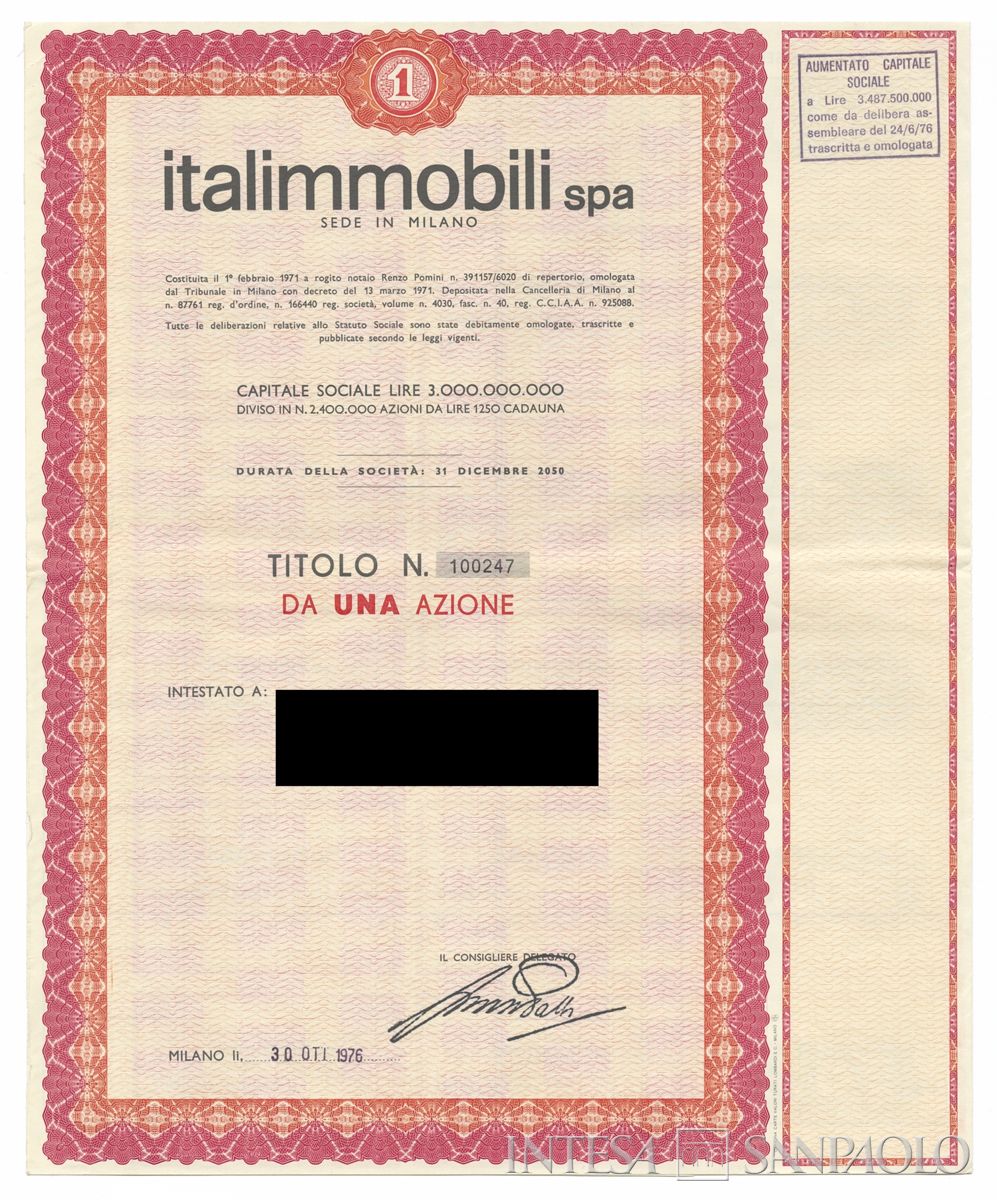 Italimmobili SpA, certificati azionari nominativi - recto a
