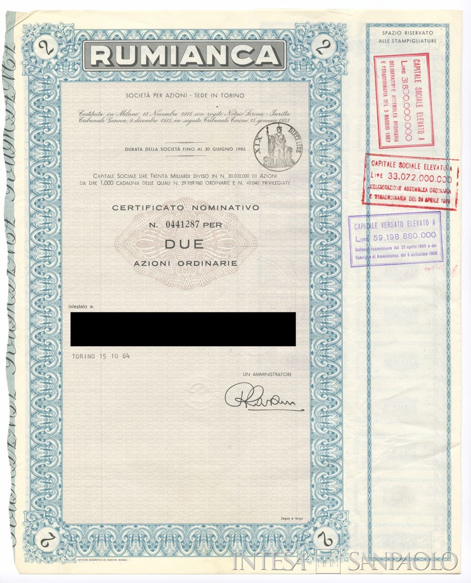Rumianca SpA, certificati azionari nominativi - recto a