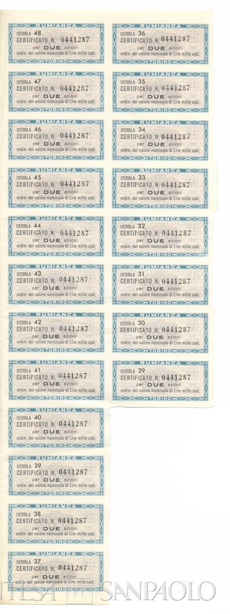 Rumianca SpA, certificati azionari nominativi - recto a