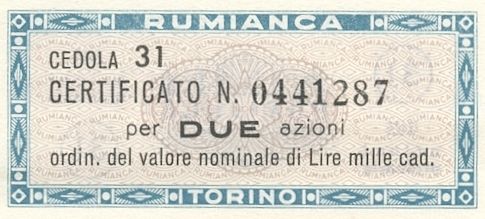 Rumianca SpA, certificati azionari nominativi - dettaglio a