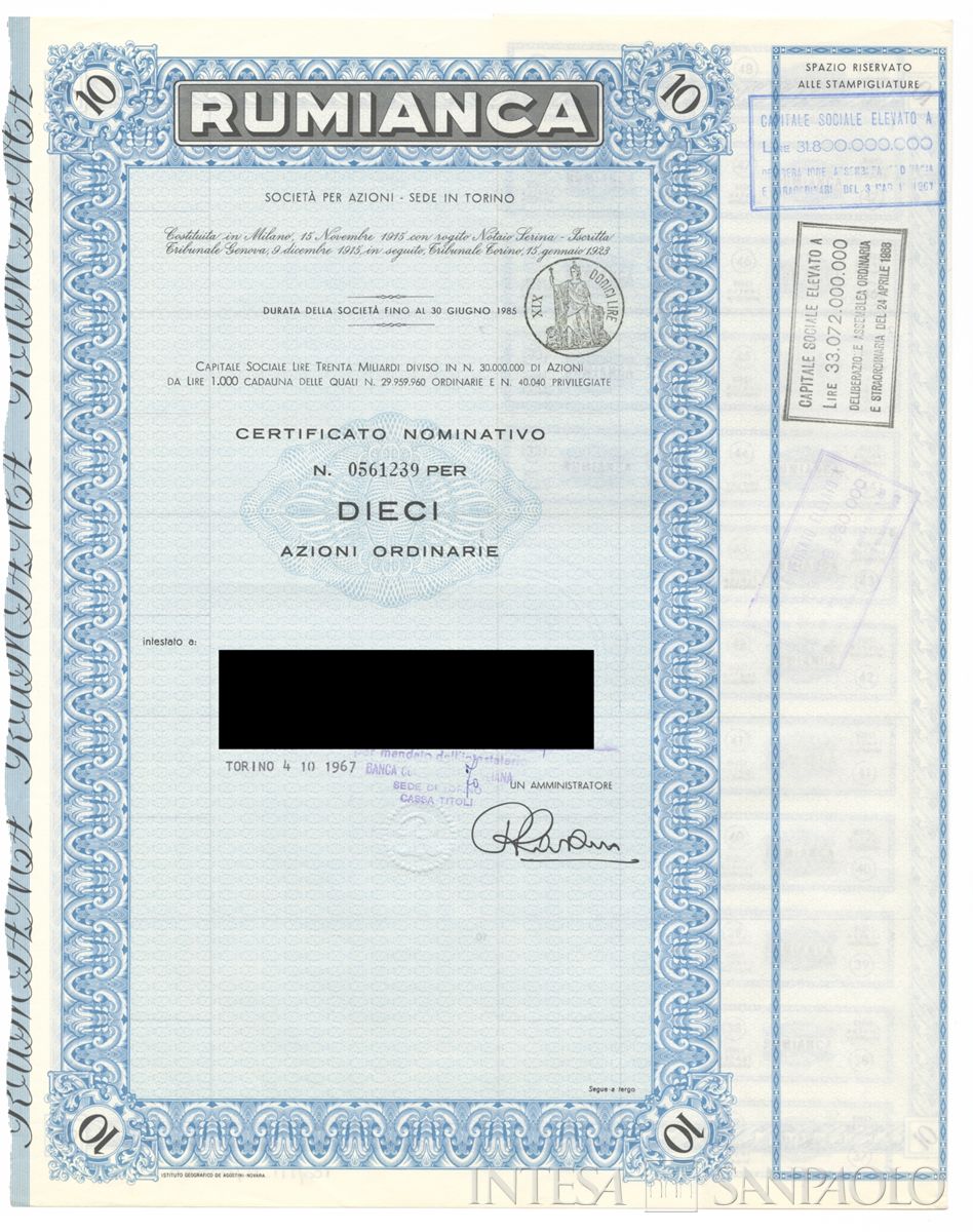Rumianca SpA, certificati azionari nominativi - recto b